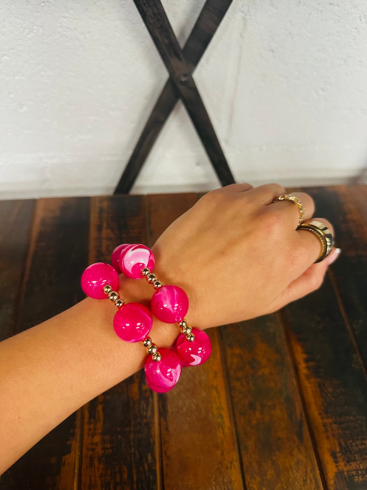 Fuchsia + Gold Marble Ball Bracelet Set
