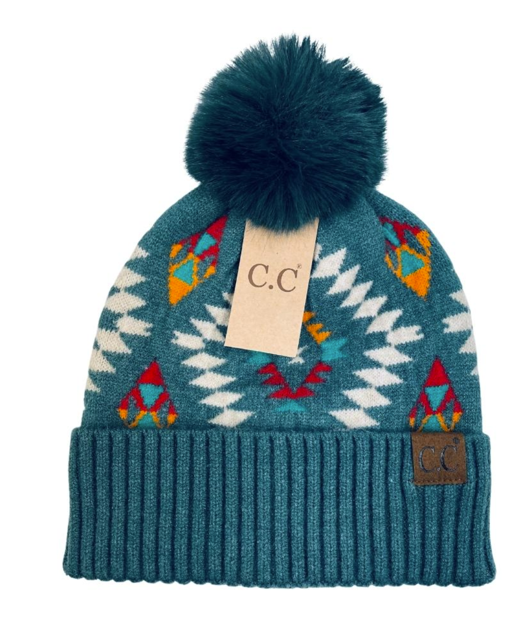 Aztec Patterned Faux Fur Pom C.C Beanie