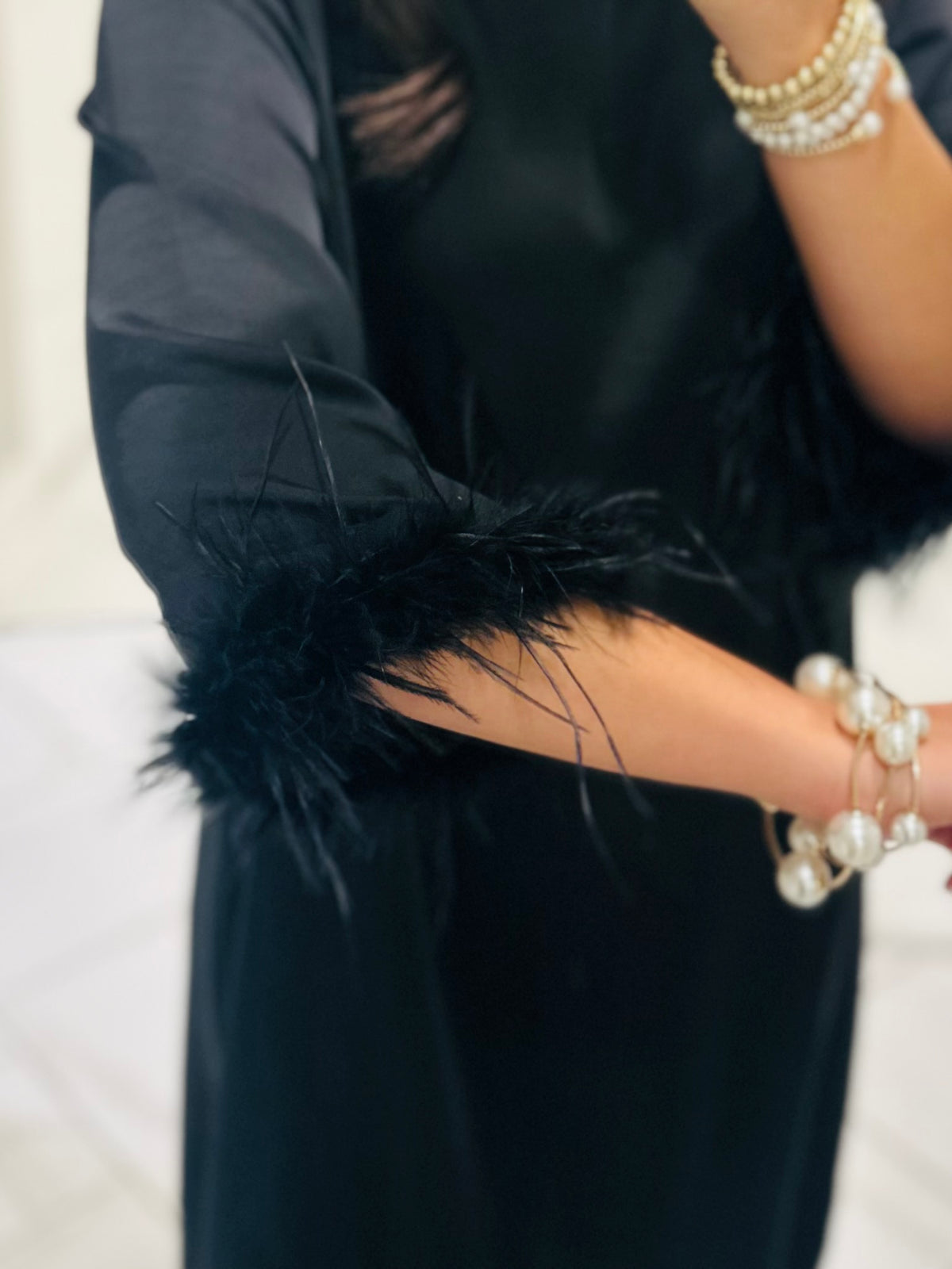 The Clara Black Feather Trim Midi Dress