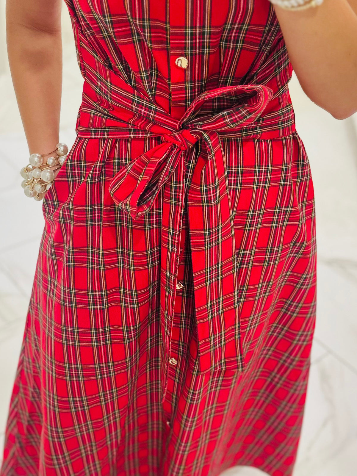 The Carol Red Plaid Bow Midi Dress