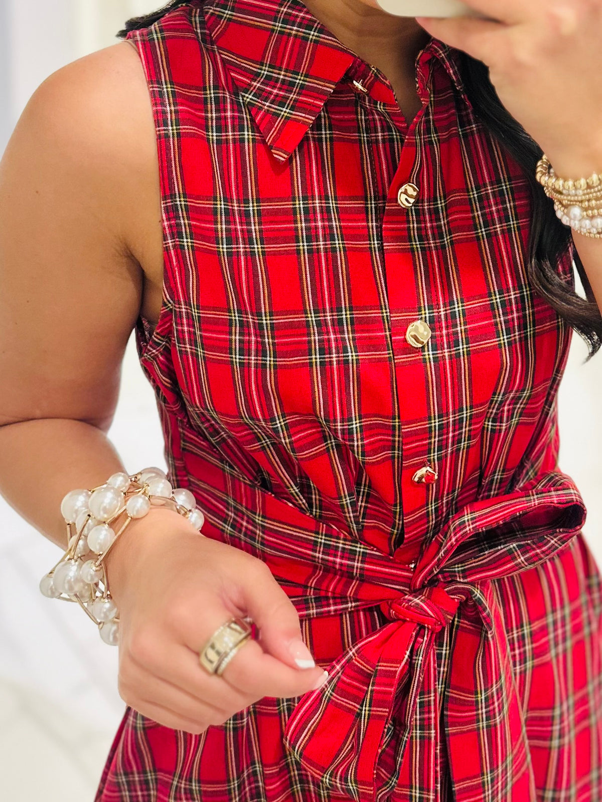 The Carol Red Plaid Bow Midi Dress