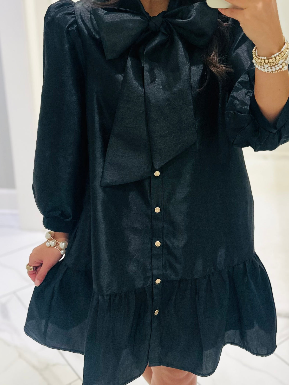 The Brynn Black Metallic Bow Dress