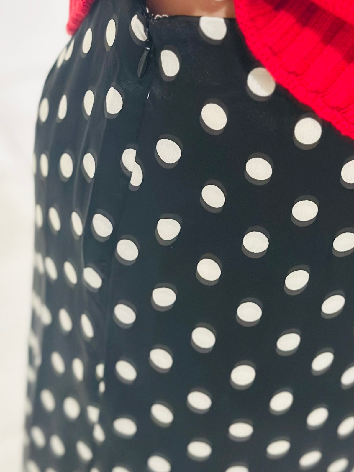 The Black Polka Dot Lace Trim Satin Midi Skirt