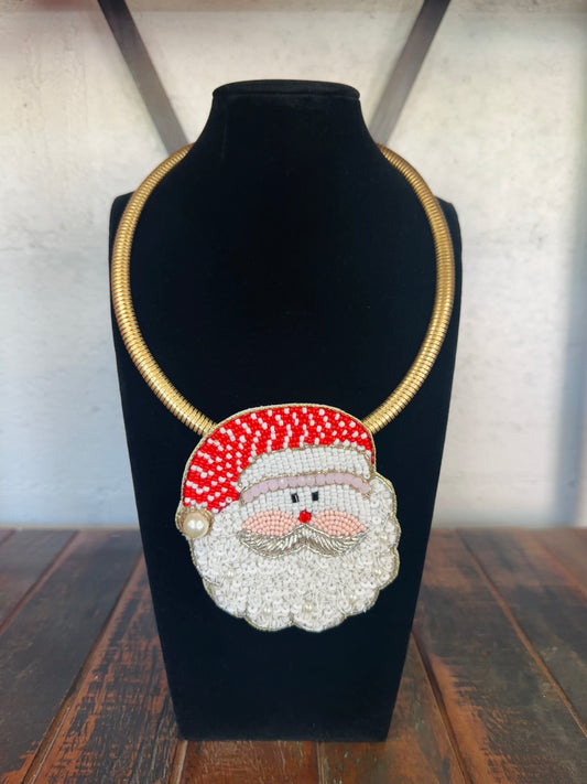 Red + White Santa Beaded Collar Necklace