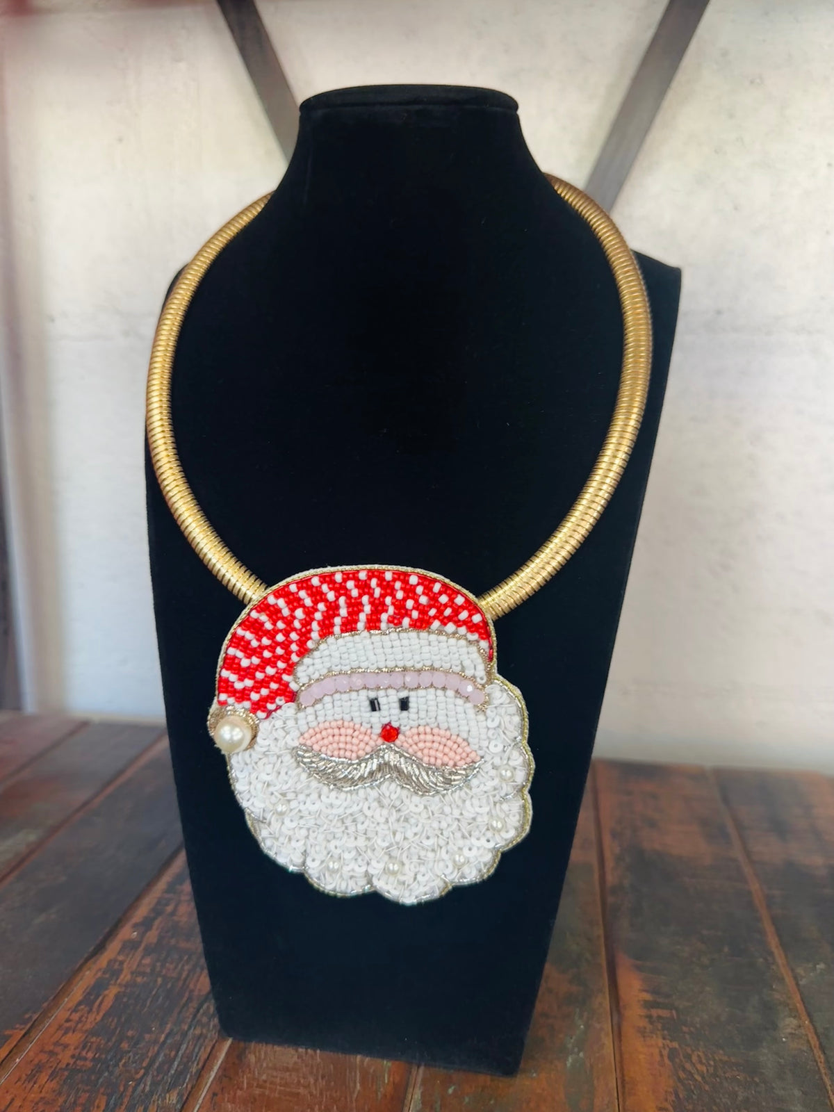 Red + White Santa Beaded Collar Necklace