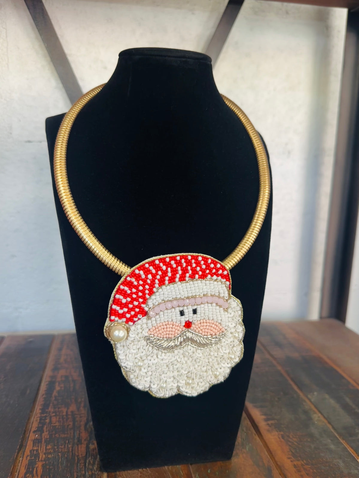 Red + White Santa Beaded Collar Necklace