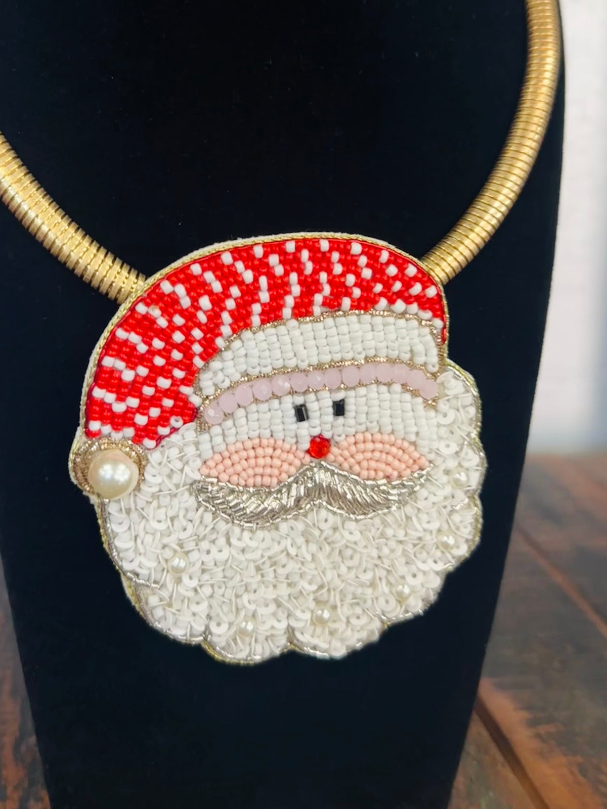 Red + White Santa Beaded Collar Necklace