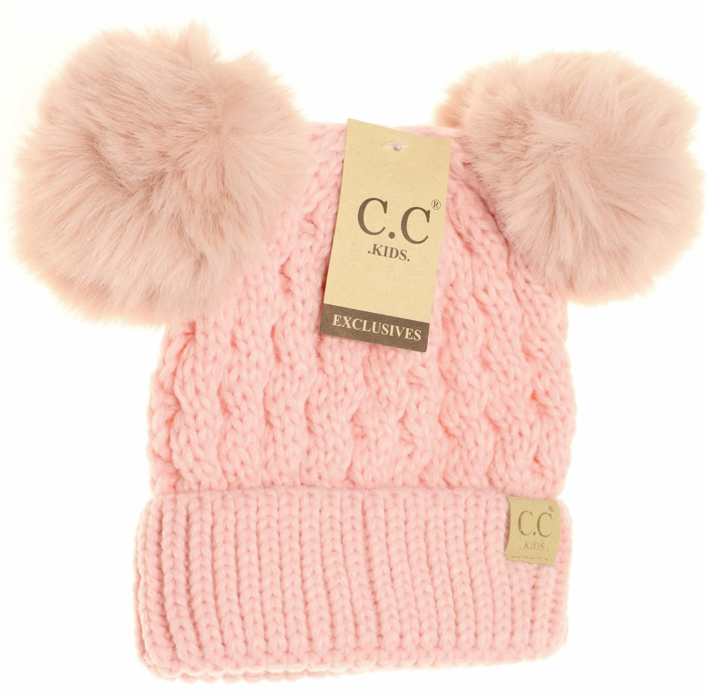 KIDS Cable Knit Double Matching Pom Beanie