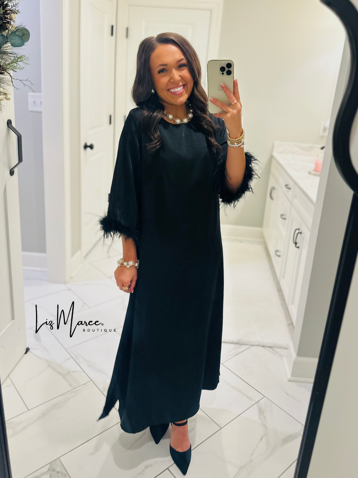 The Clara Black Feather Trim Midi Dress