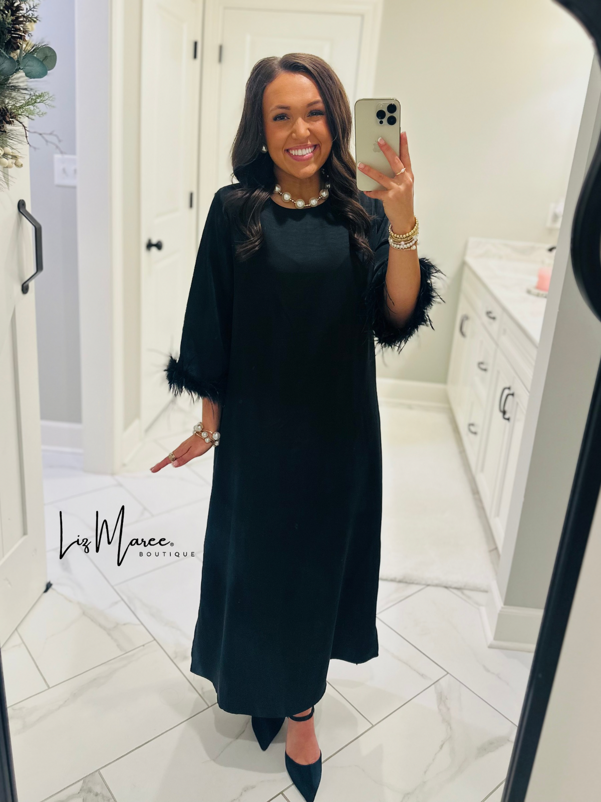 The Clara Black Feather Trim Midi Dress
