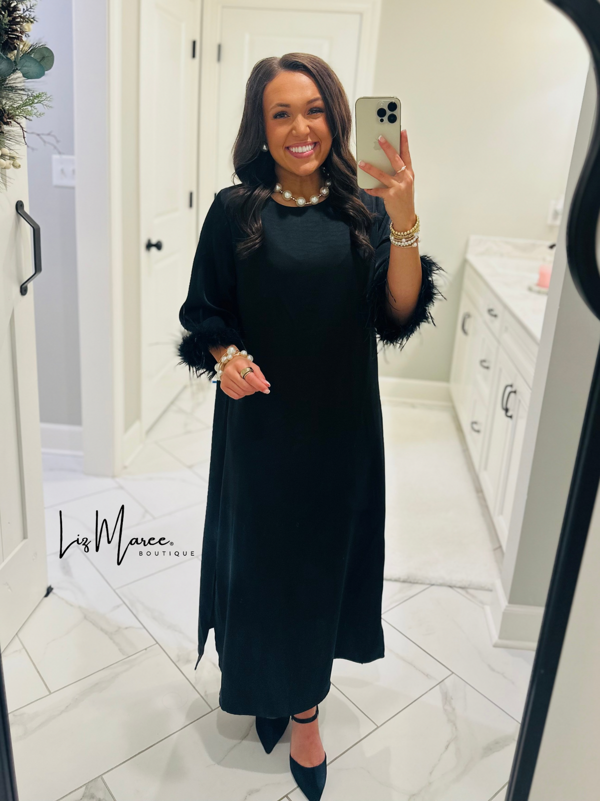 The Clara Black Feather Trim Midi Dress
