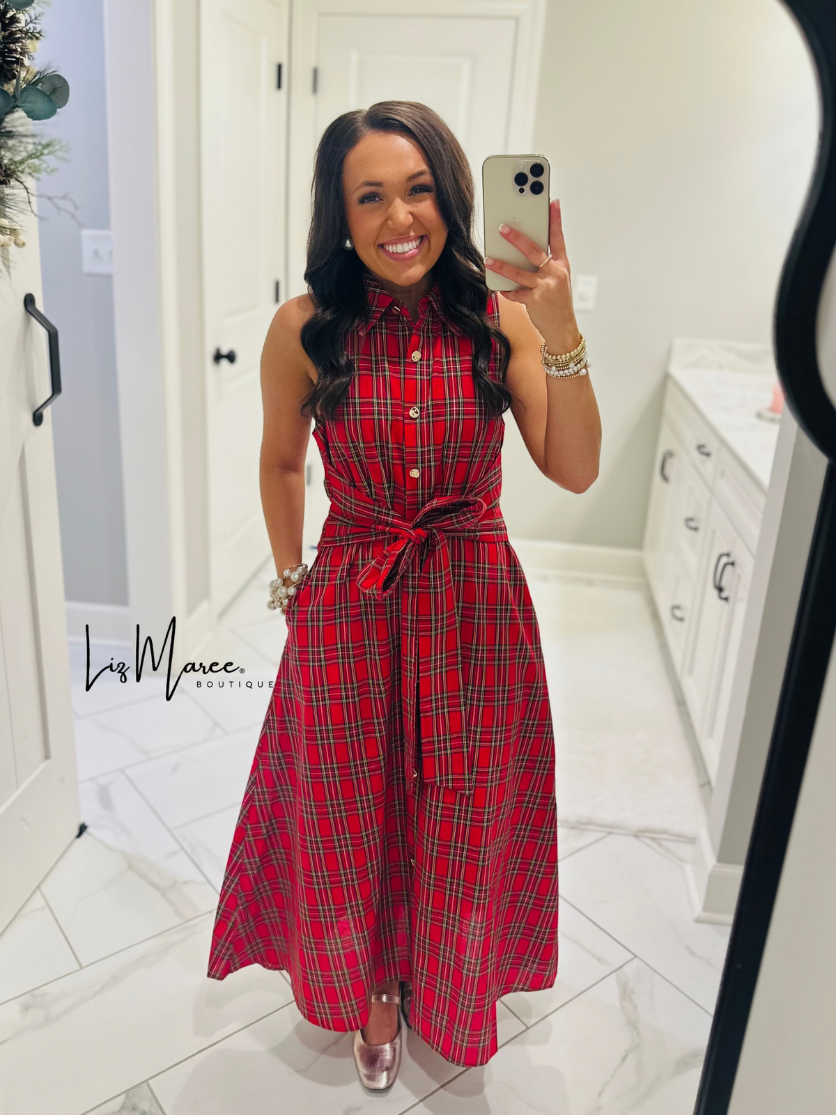 The Carol Red Plaid Bow Midi Dress
