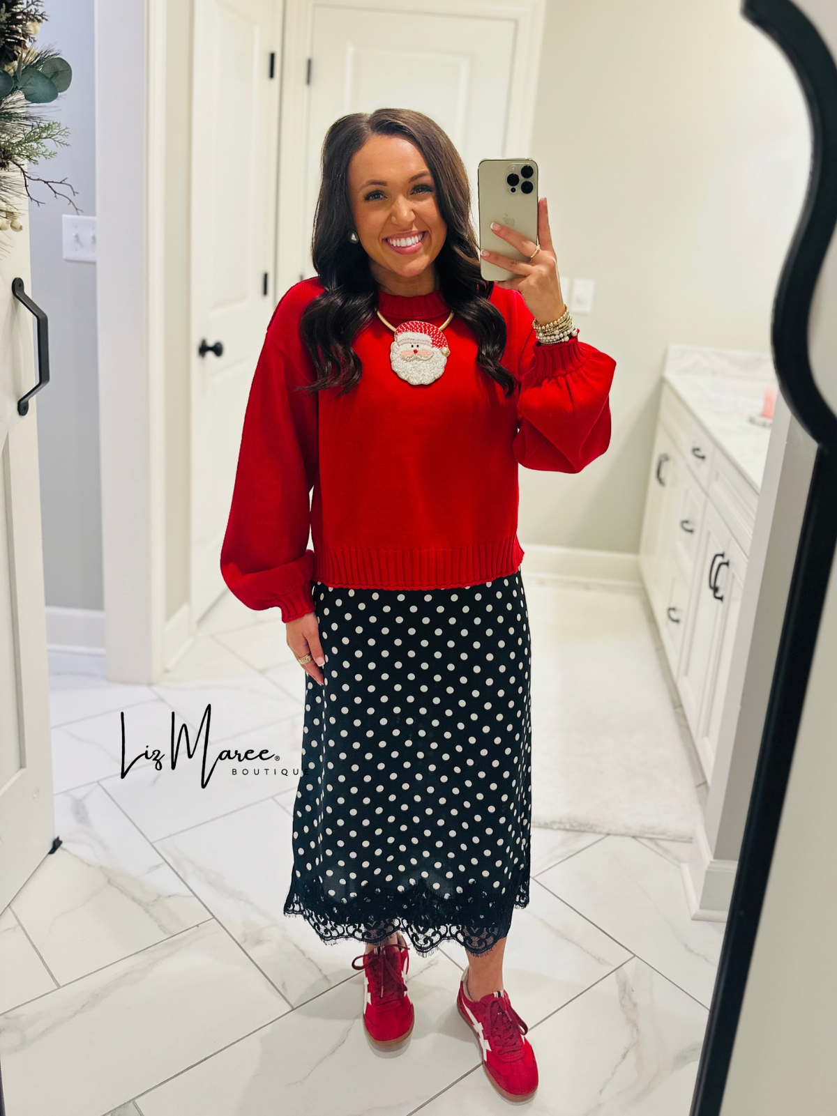 The Black Polka Dot Lace Trim Satin Midi Skirt