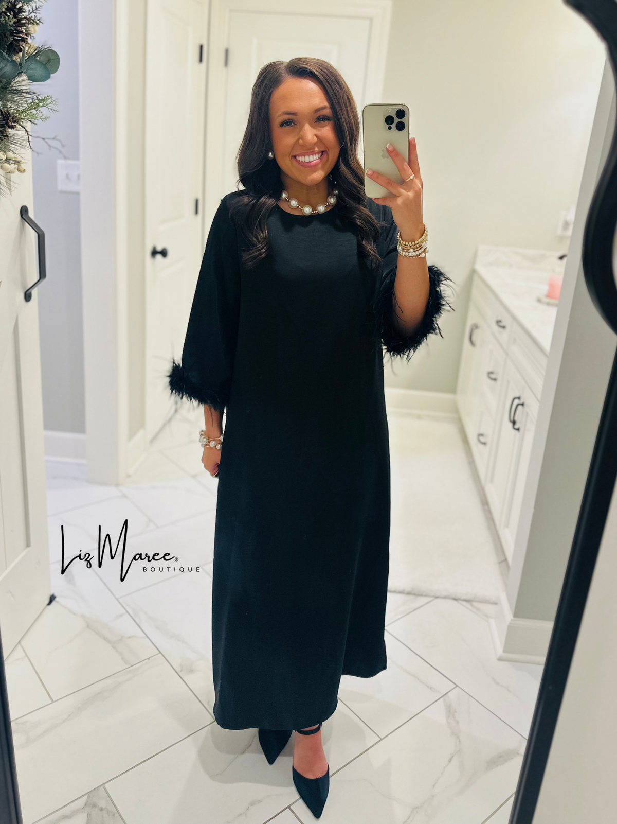 The Clara Black Feather Trim Midi Dress