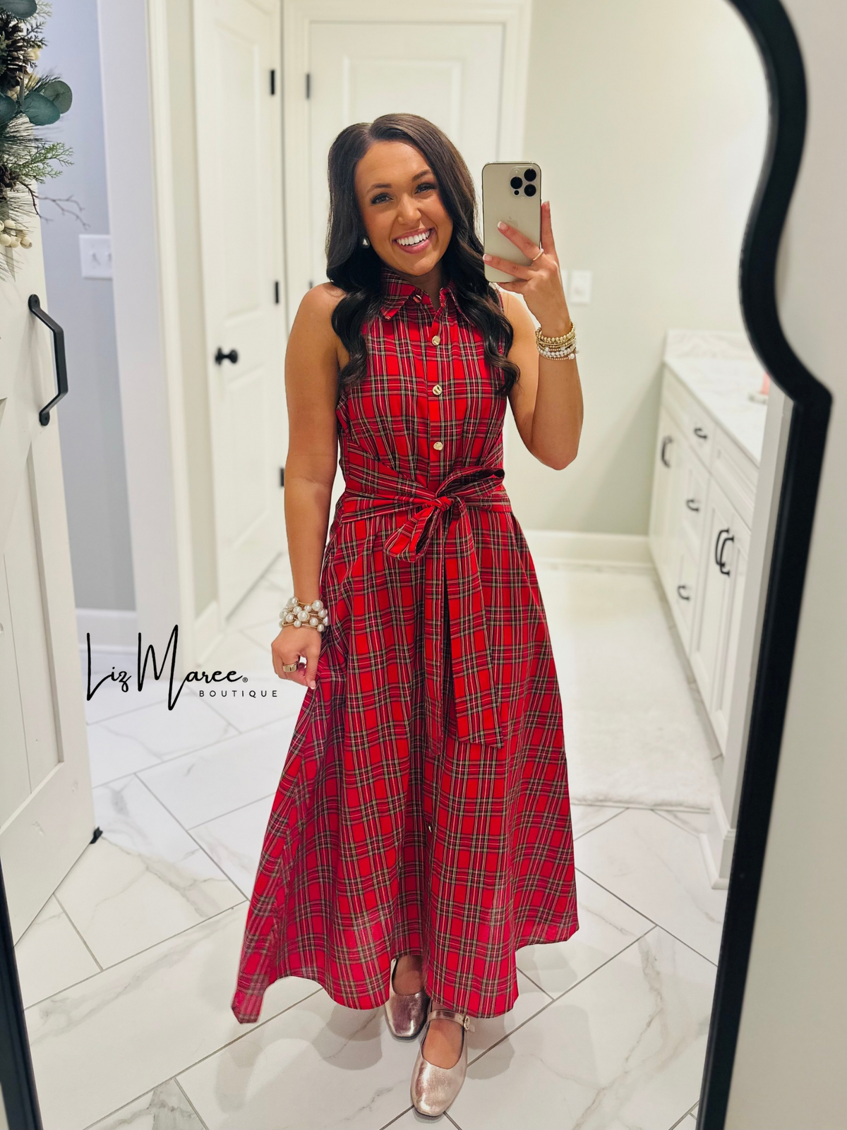 The Carol Red Plaid Bow Midi Dress