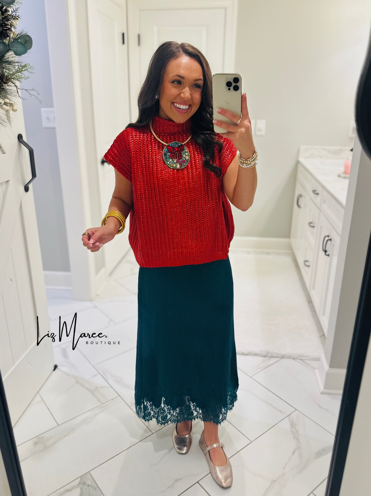 The Dallas Hunter Green Satin Lace Midi Skirt