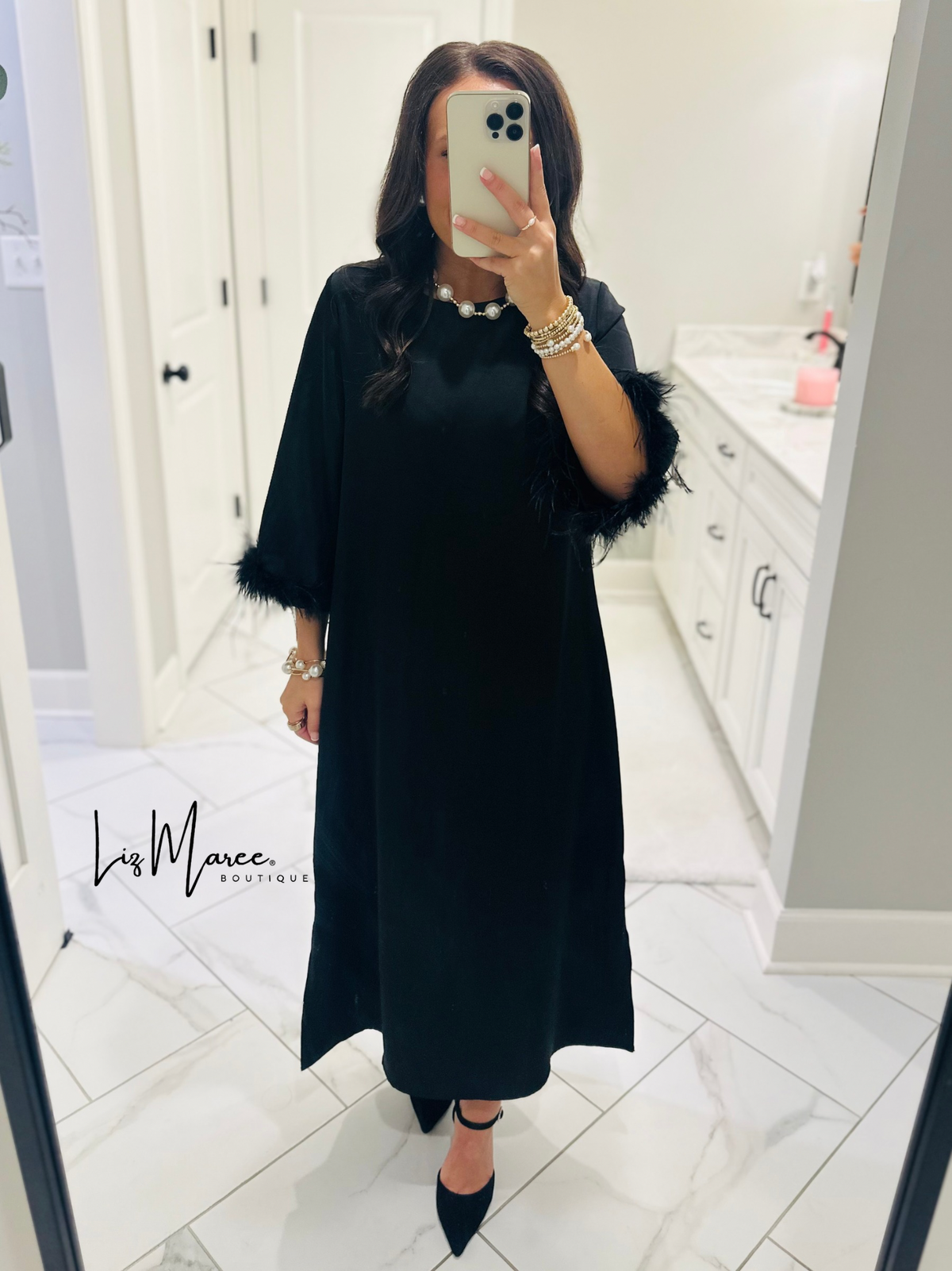 The Clara Black Feather Trim Midi Dress