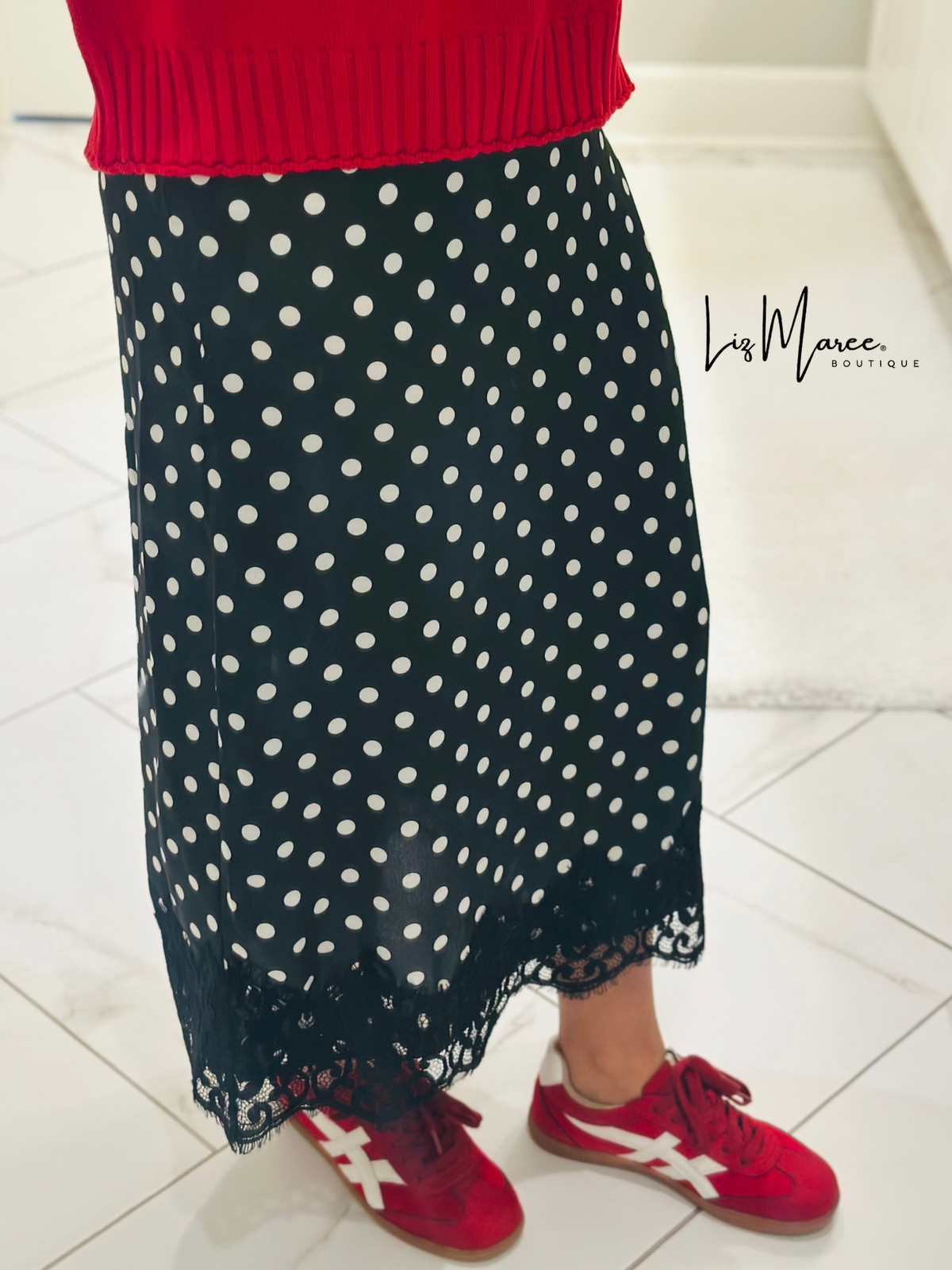 The Black Polka Dot Lace Trim Satin Midi Skirt