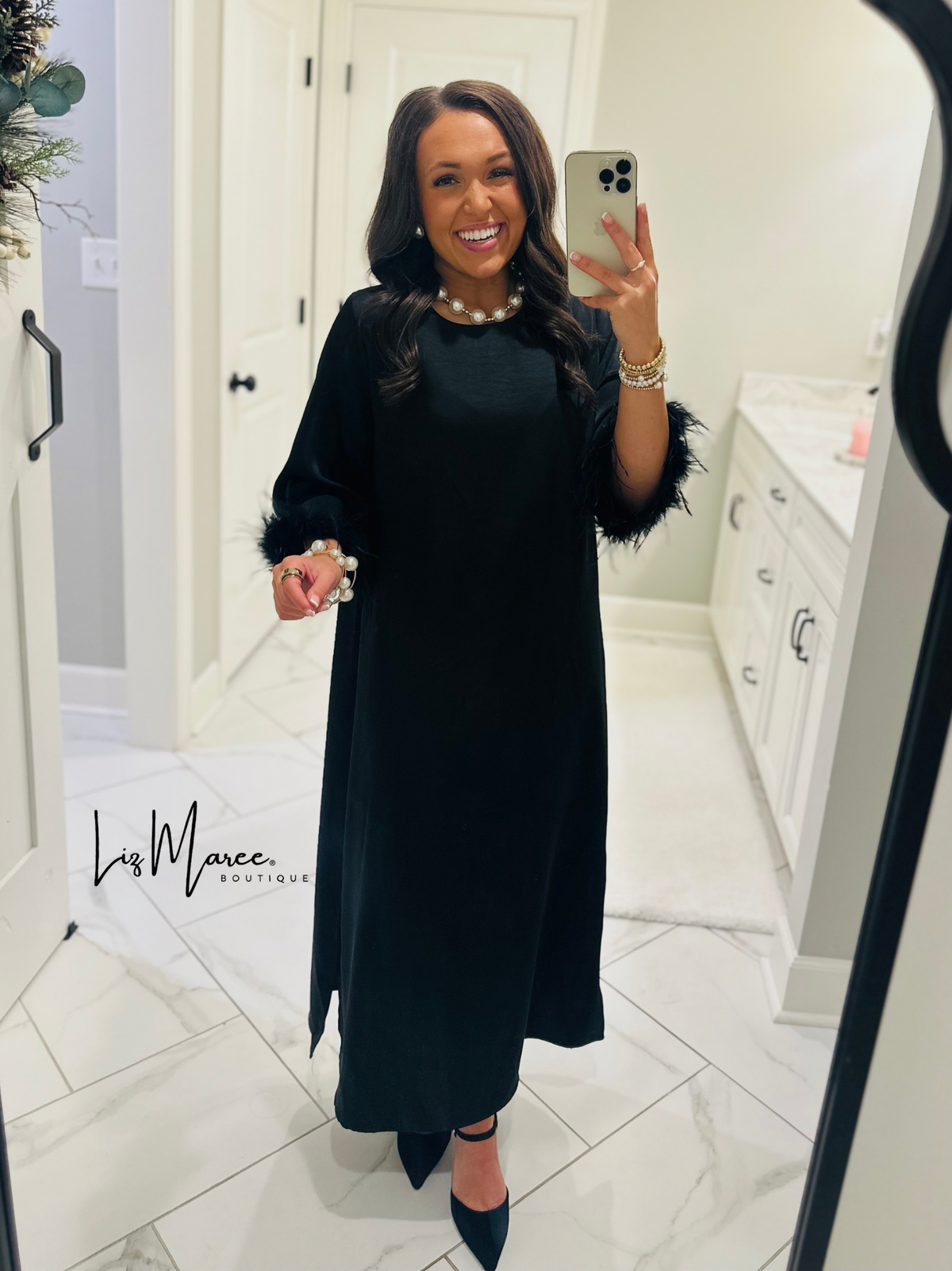The Clara Black Feather Trim Midi Dress