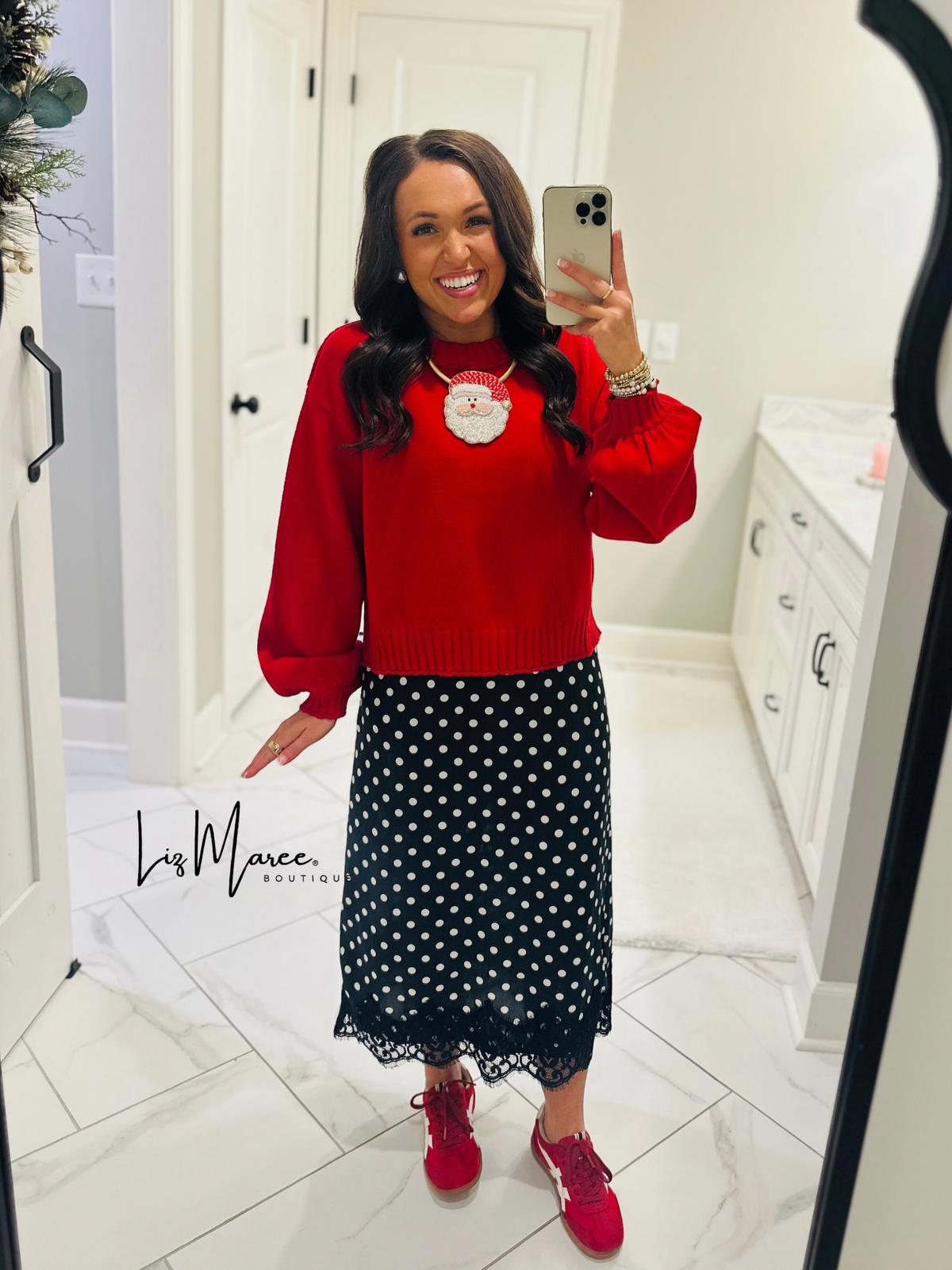 The Black Polka Dot Lace Trim Satin Midi Skirt