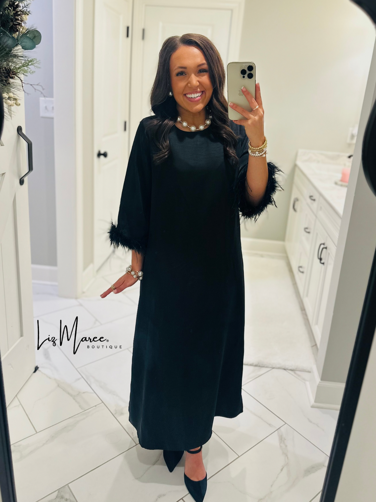 The Clara Black Feather Trim Midi Dress