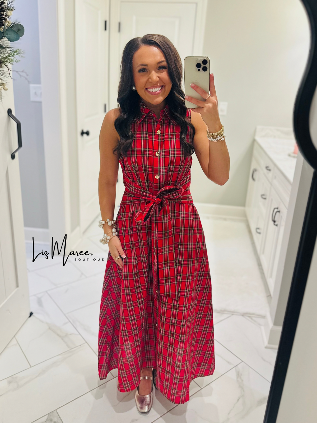 The Carol Red Plaid Bow Midi Dress