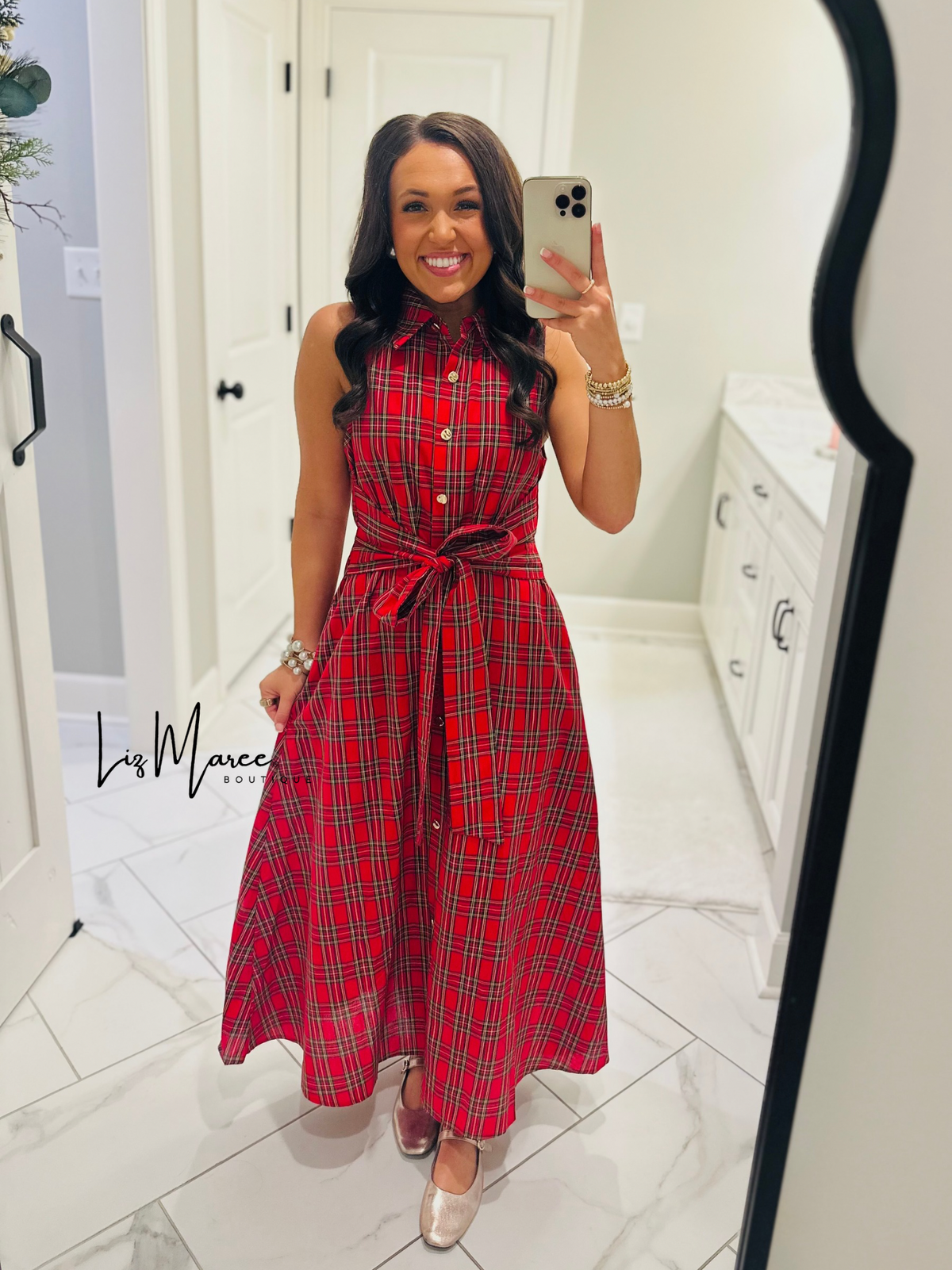 The Carol Red Plaid Bow Midi Dress