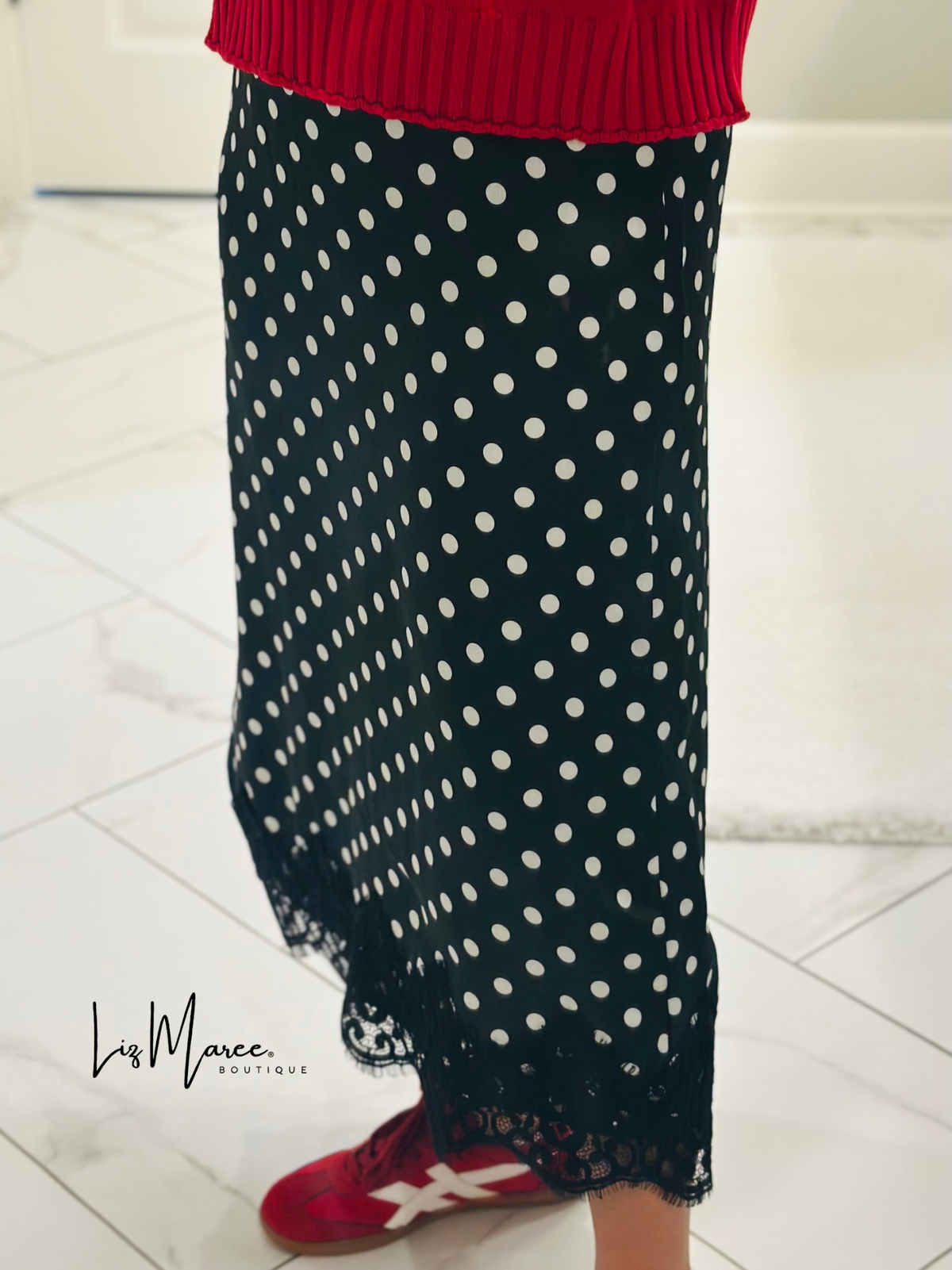 The Black Polka Dot Lace Trim Satin Midi Skirt