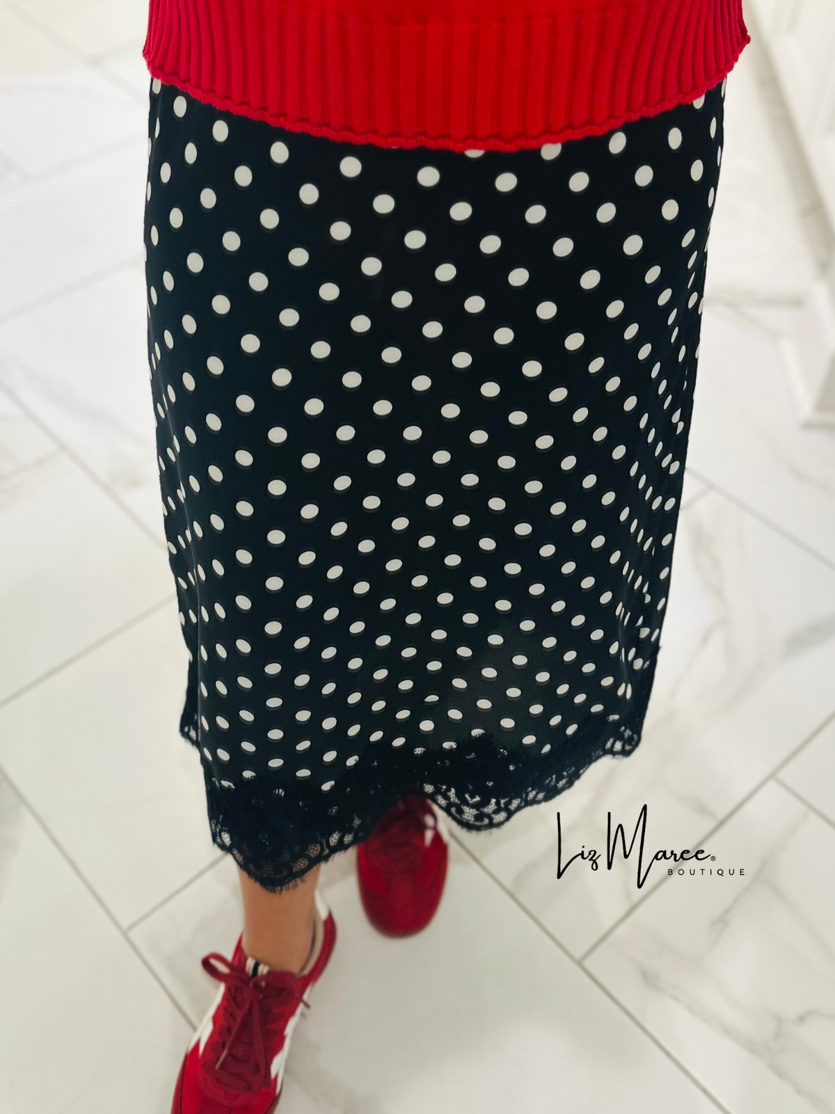 The Black Polka Dot Lace Trim Satin Midi Skirt