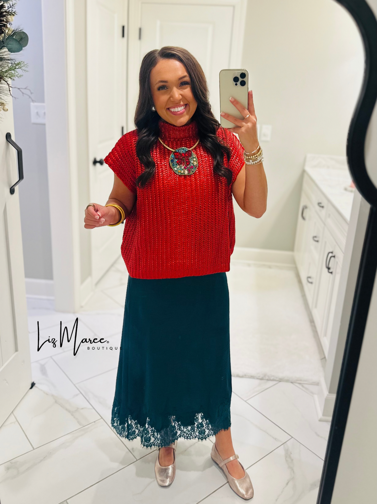 The Dallas Hunter Green Satin Lace Midi Skirt