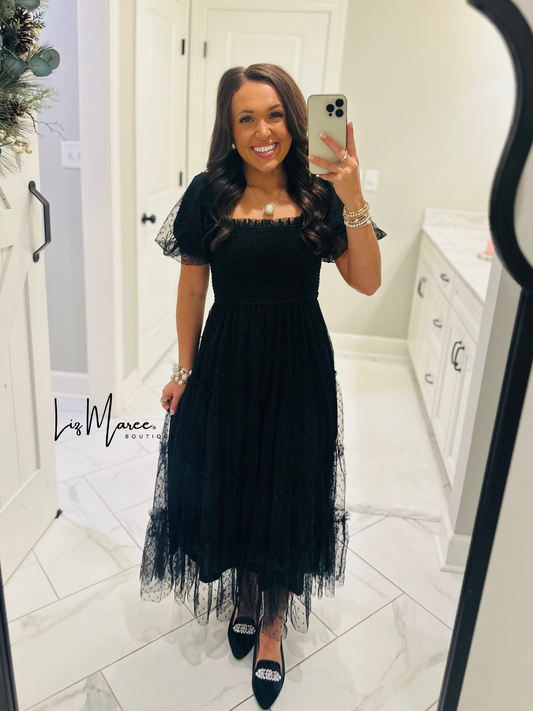 The Belle Black Polka Dot Chiffon Midi Dress