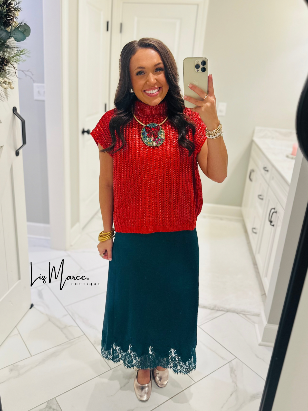 The Dallas Hunter Green Satin Lace Midi Skirt