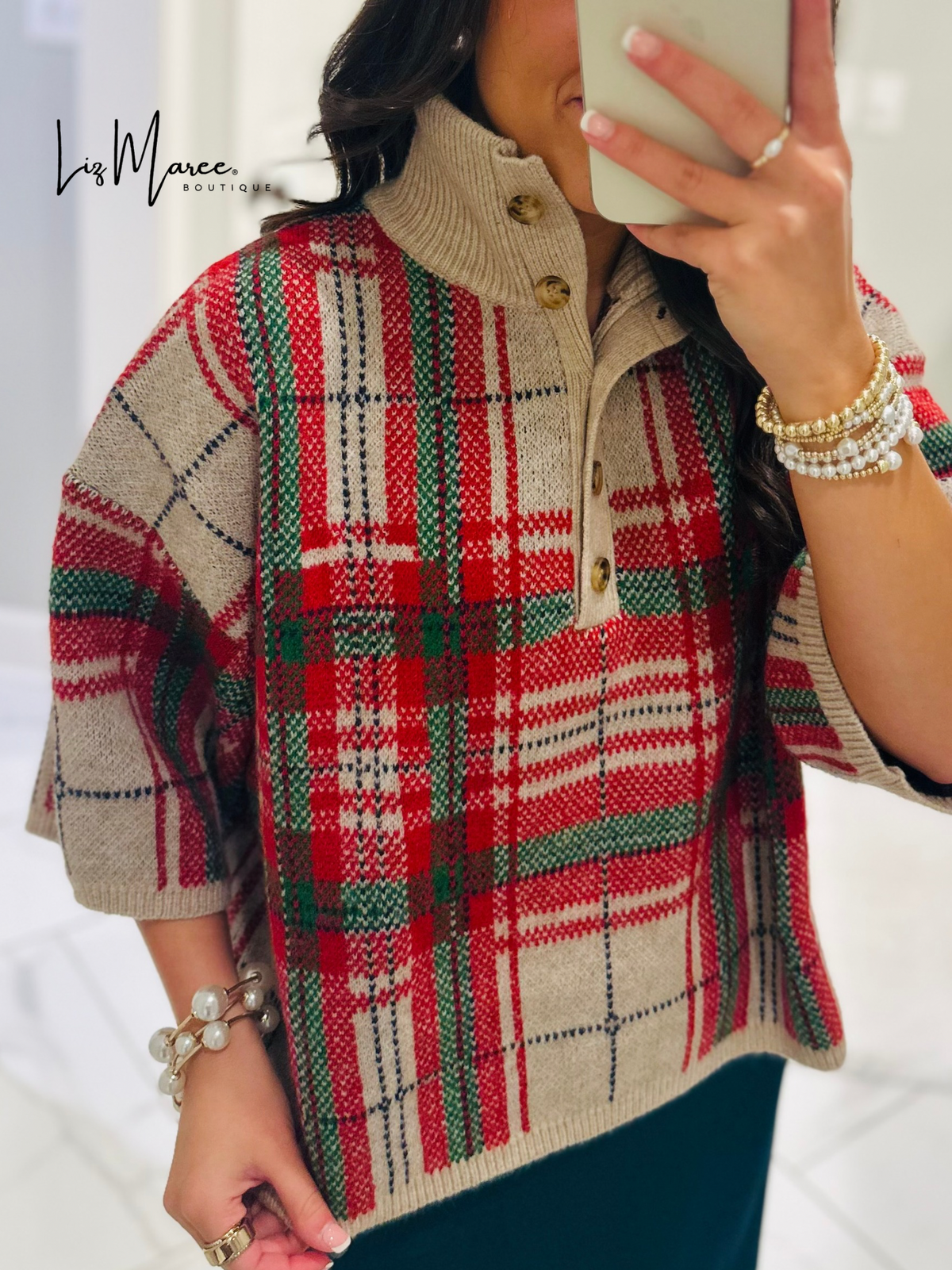 The Sofia Taupe Plaid Sweater Top