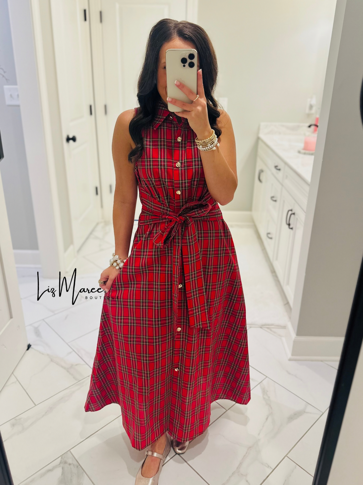 The Carol Red Plaid Bow Midi Dress