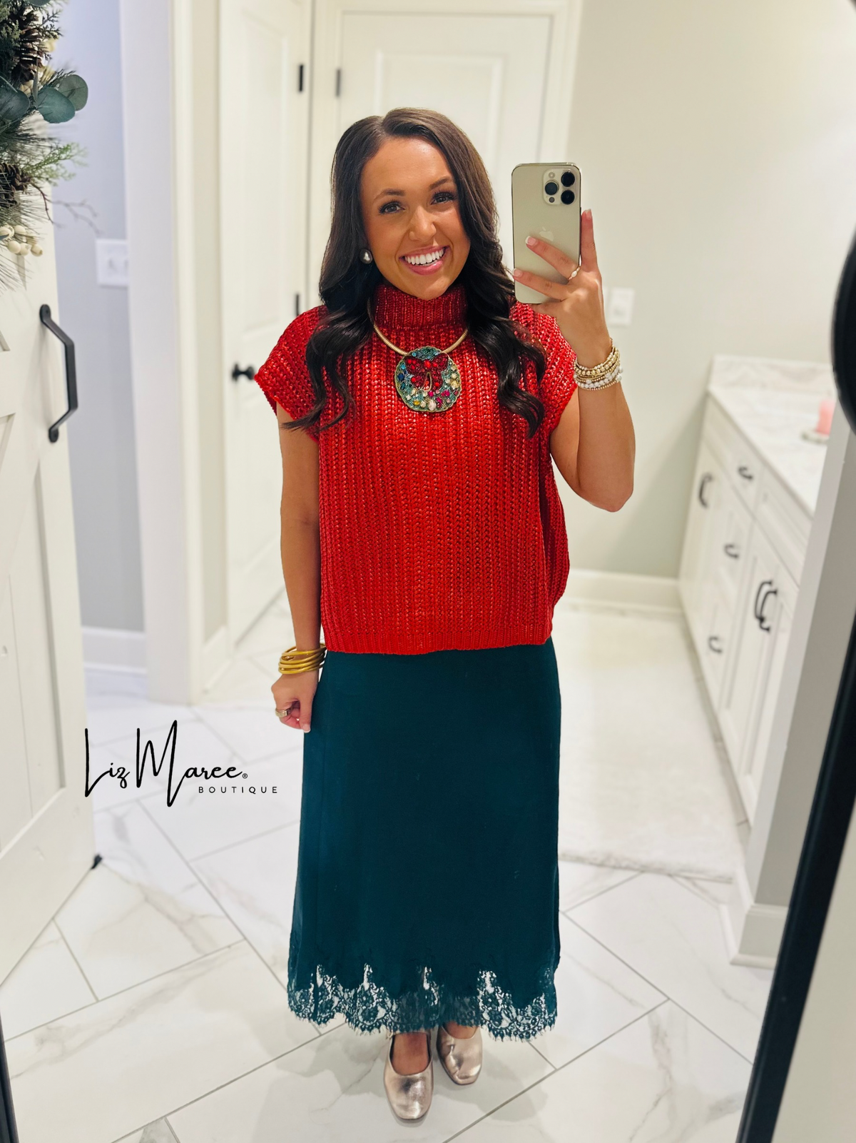 The Dallas Hunter Green Satin Lace Midi Skirt