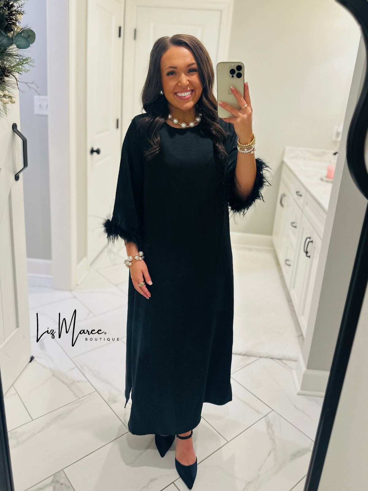 The Clara Black Feather Trim Midi Dress