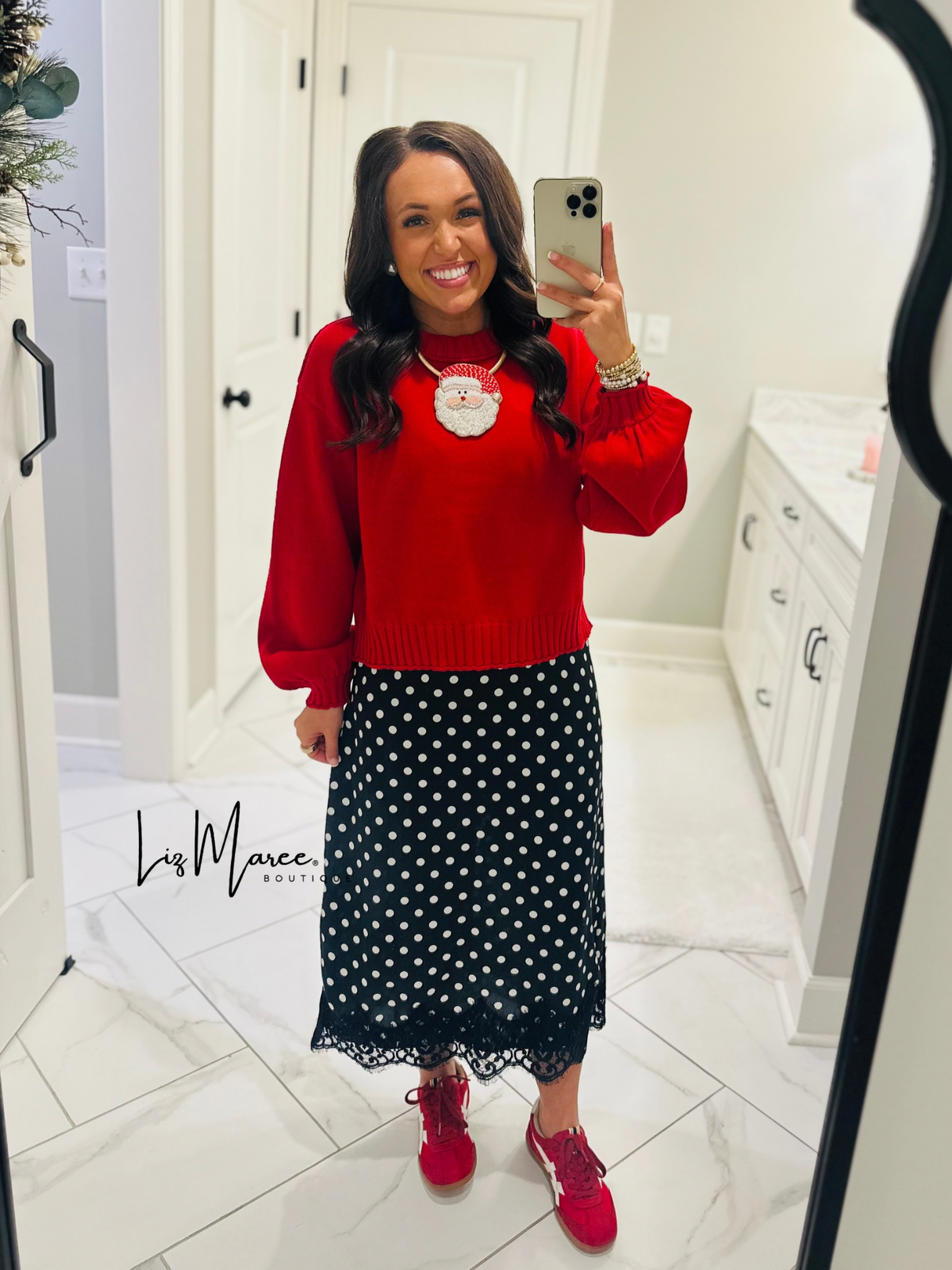 The Black Polka Dot Lace Trim Satin Midi Skirt