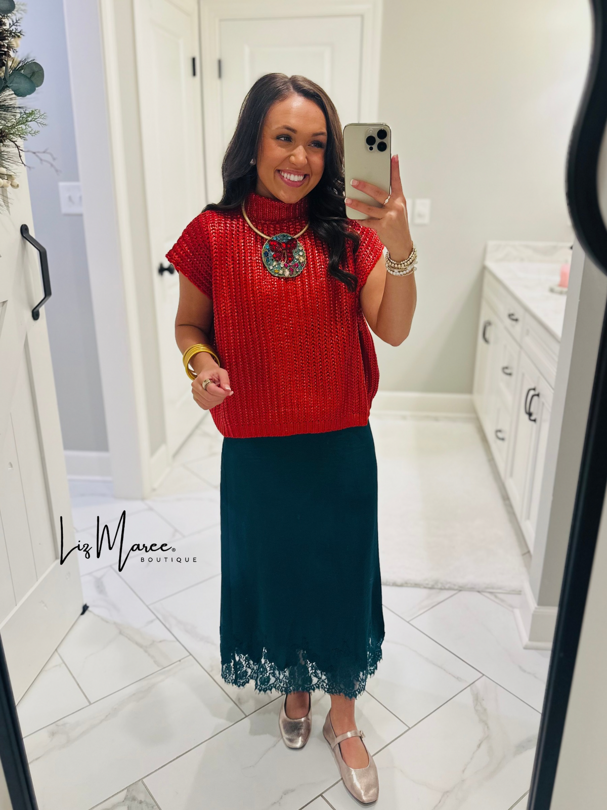 The Dallas Hunter Green Satin Lace Midi Skirt