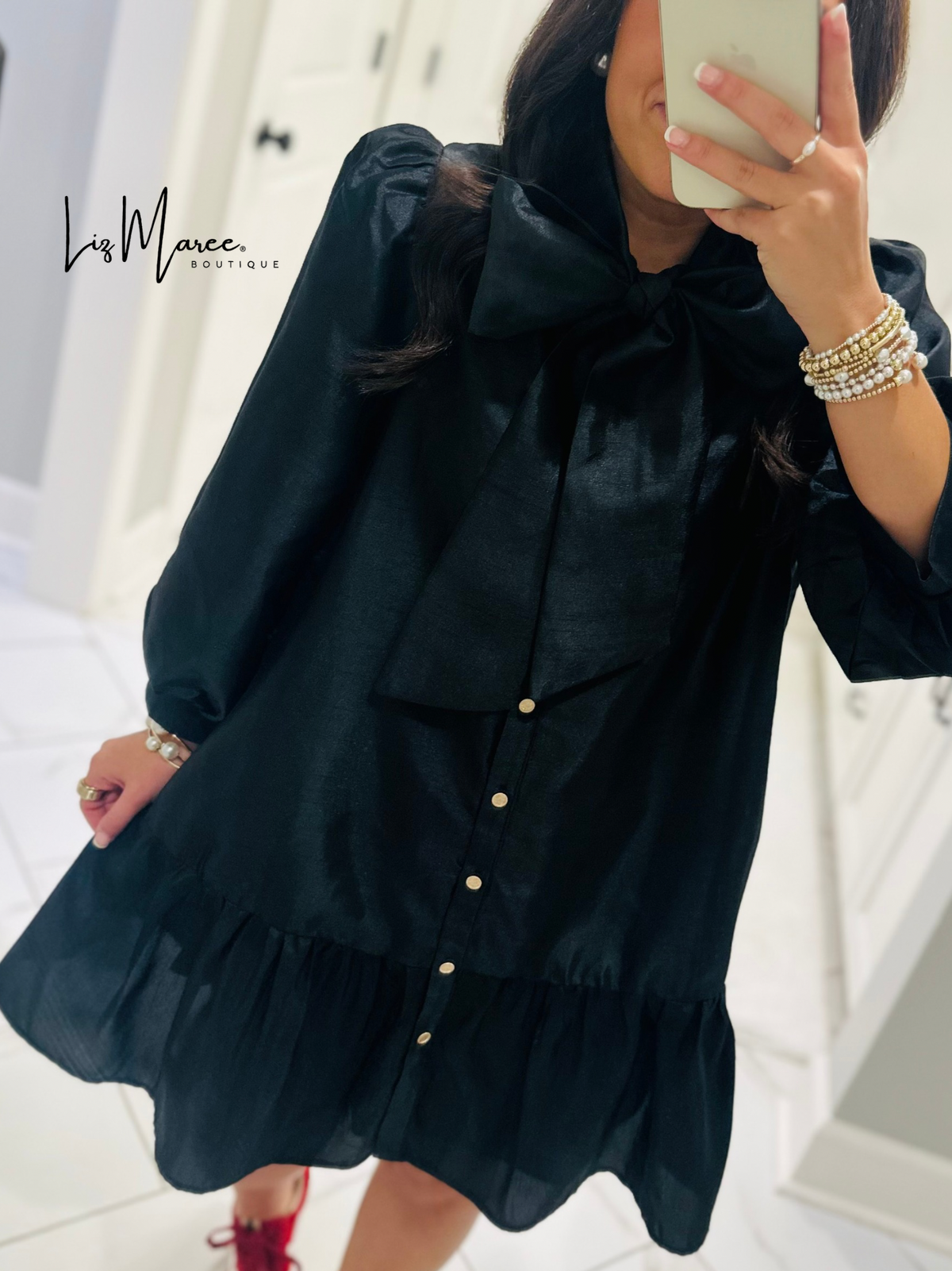 The Brynn Black Metallic Bow Dress