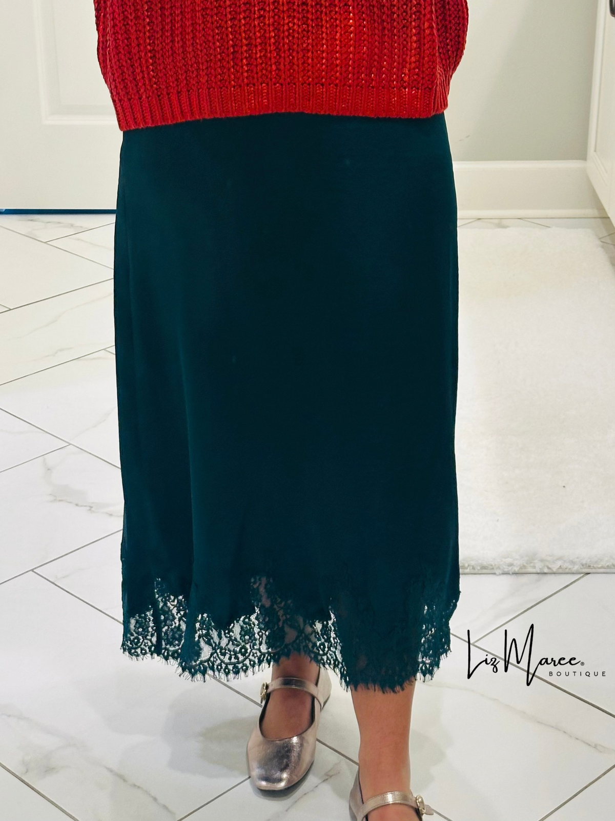 The Dallas Hunter Green Satin Lace Midi Skirt