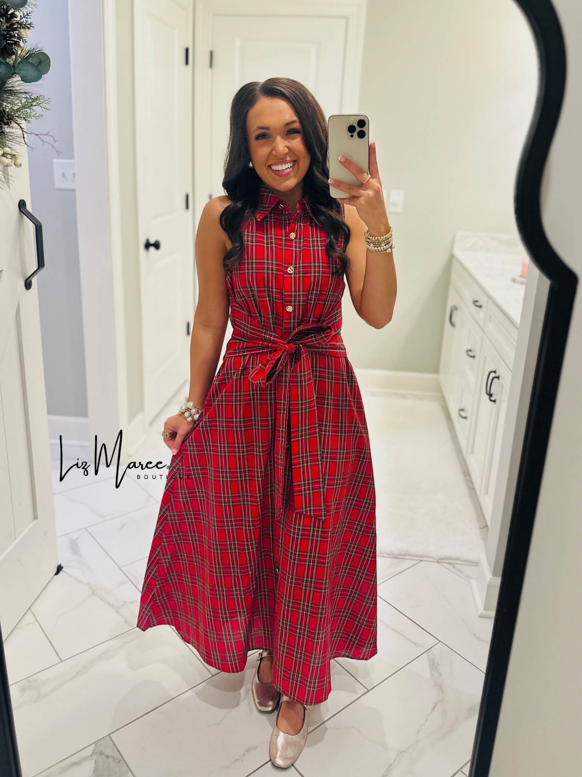 The Carol Red Plaid Bow Midi Dress