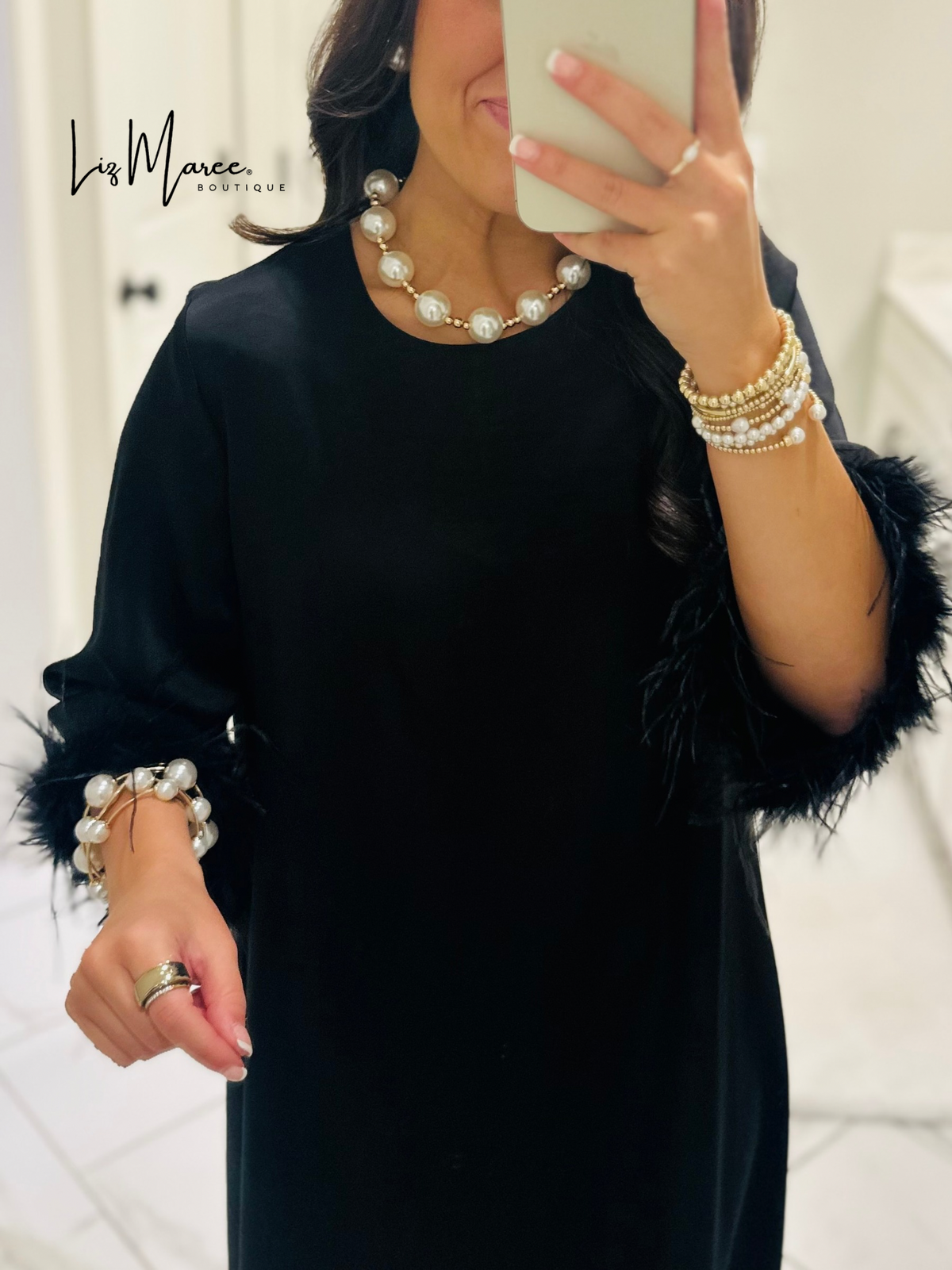 The Clara Black Feather Trim Midi Dress