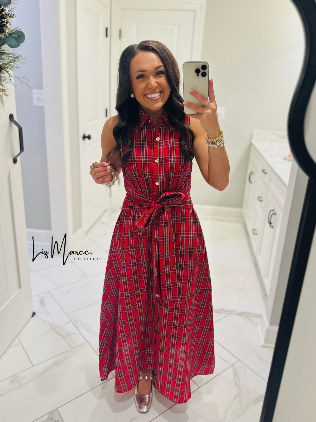 The Carol Red Plaid Bow Midi Dress