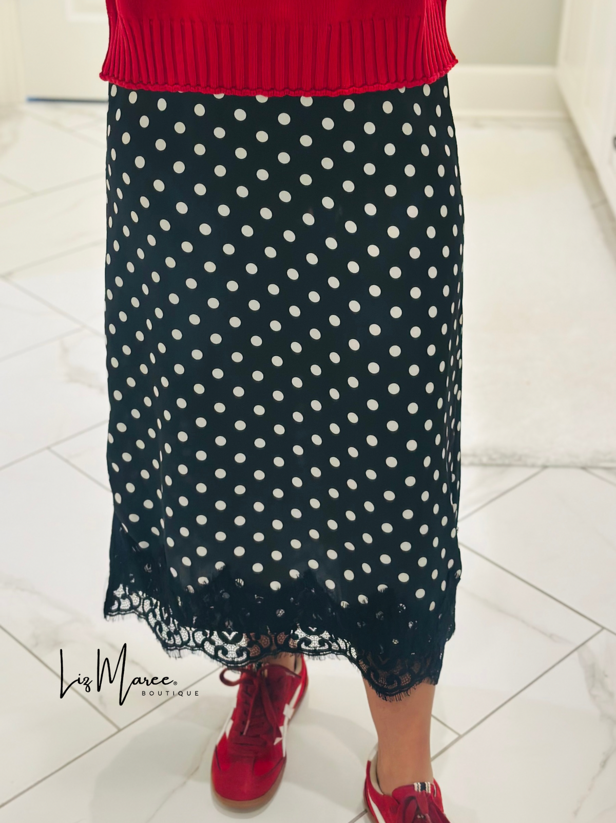 The Black Polka Dot Lace Trim Satin Midi Skirt