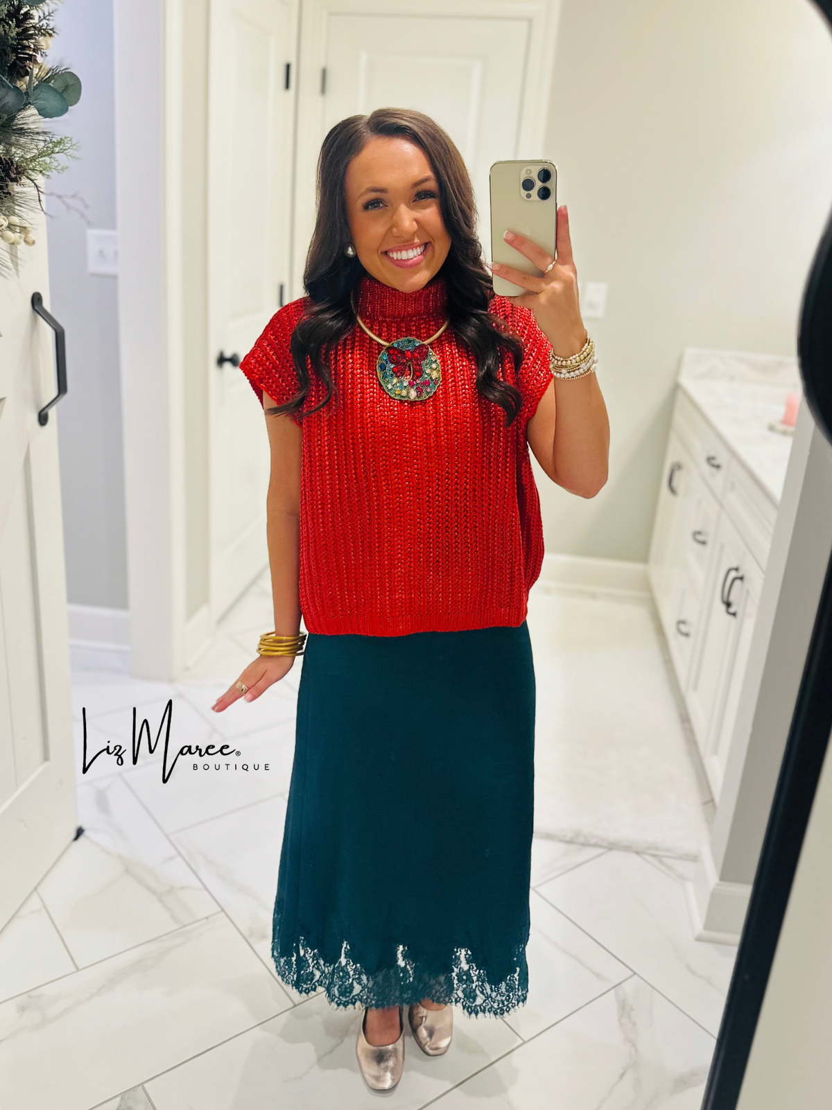 The Dallas Hunter Green Satin Lace Midi Skirt