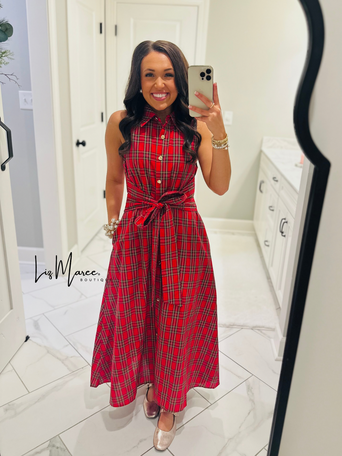 The Carol Red Plaid Bow Midi Dress