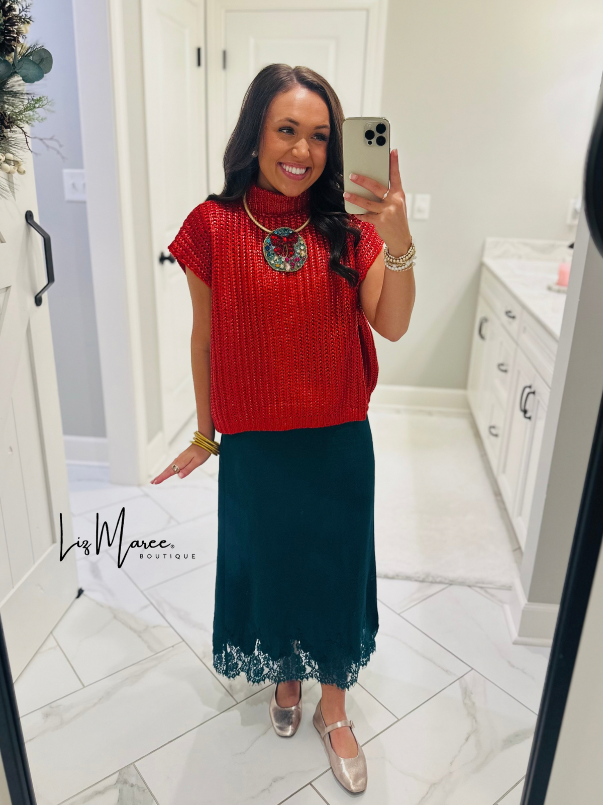 The Dallas Hunter Green Satin Lace Midi Skirt