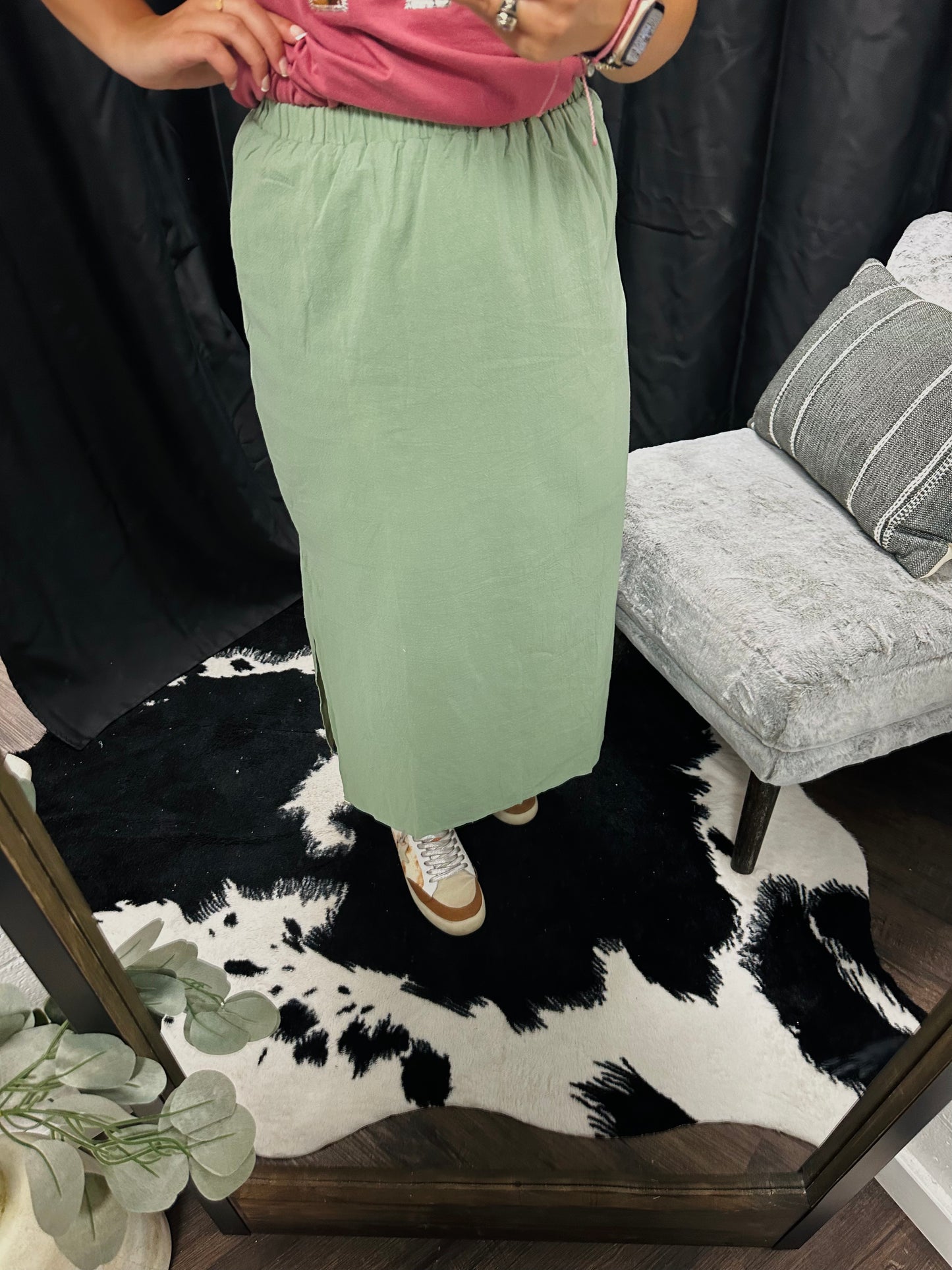 Sage Green Side Slit Midi Skirt