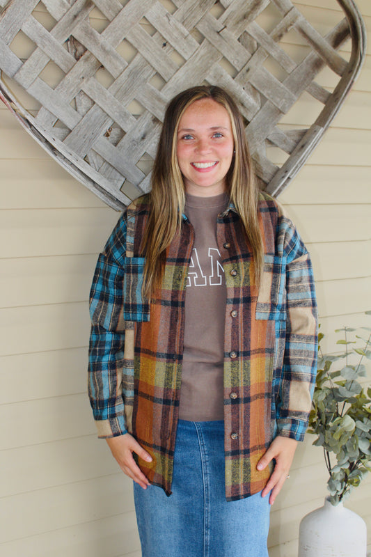 Brown Plaid Shacket With Pockets