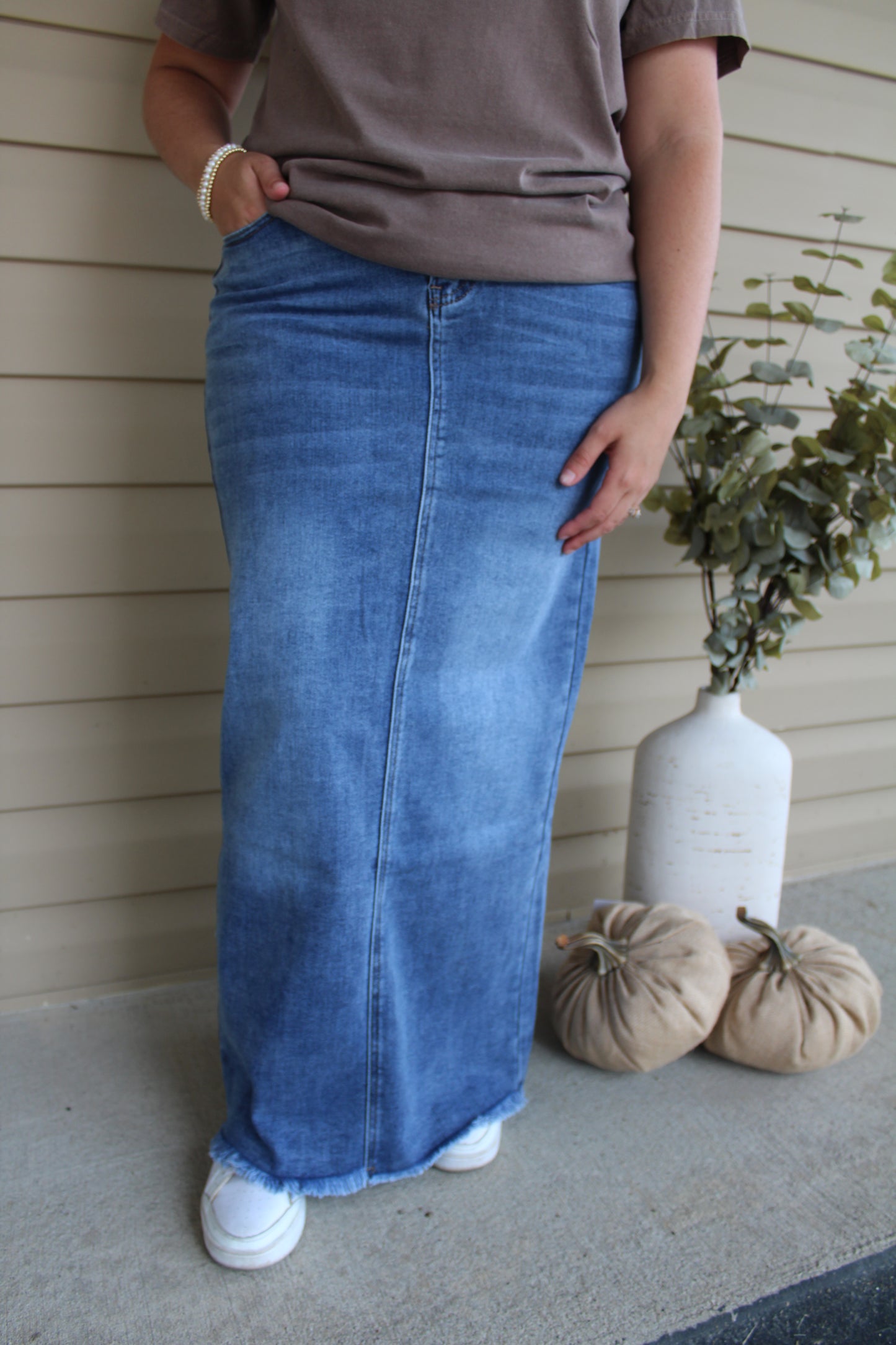 Dakotah Raw Hem Long Denim Skirt